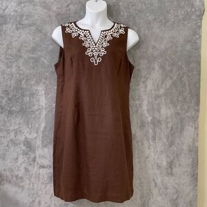 Talbots Brown Linen White Embroidery Sleeveless Shift Dress women’s  14 career